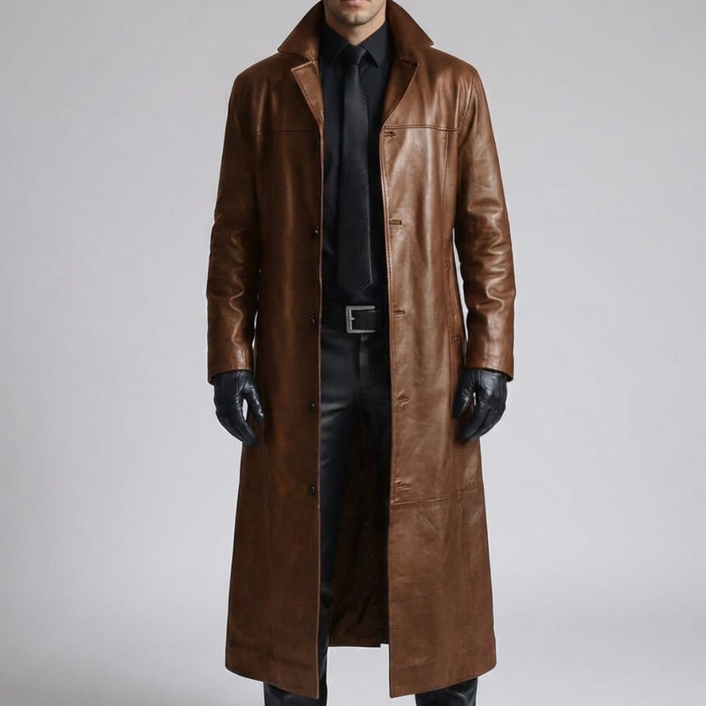 Chic Leather Trench Coat for Men with Notch Lapel Long Sleeve Single Breasted Longline Duster Style
