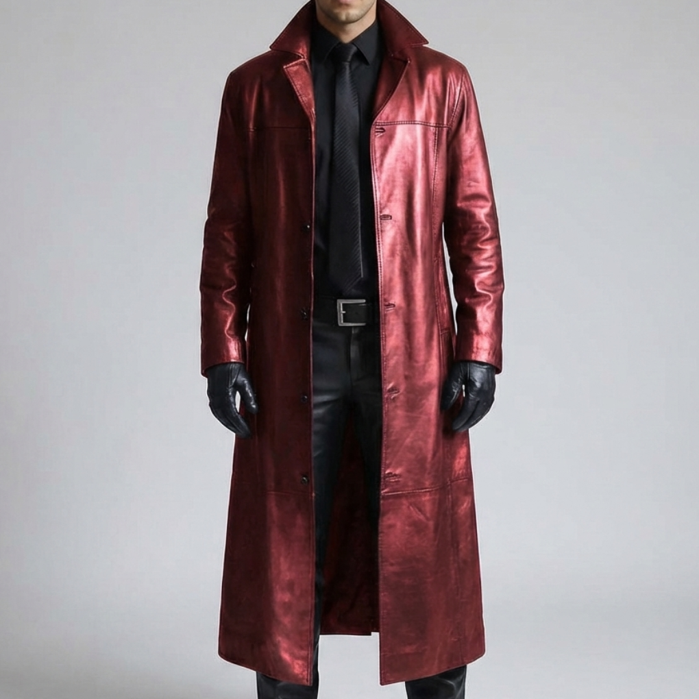 Chic Leather Trench Coat for Men with Notch Lapel Long Sleeve Single Breasted Longline Duster Style