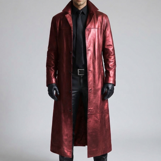 Chic Leather Trench Coat for Men with Notch Lapel Long Sleeve Single Breasted Longline Duster Style
