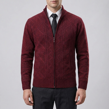 Cozy Cable Knit Cardigan for Men with Stand Collar Long Sleeve Full Zip Textured Business Style