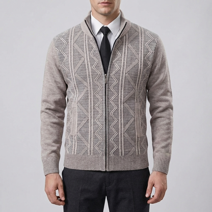 Cozy Cable Knit Cardigan for Men with Stand Collar Long Sleeve Full Zip Textured Business Style