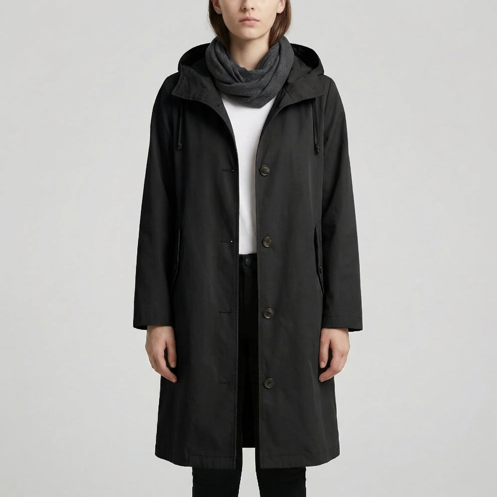 Cozy Rain Coat for Women with Hooded Collar Long Sleeve Button Up Longline Oversized Style