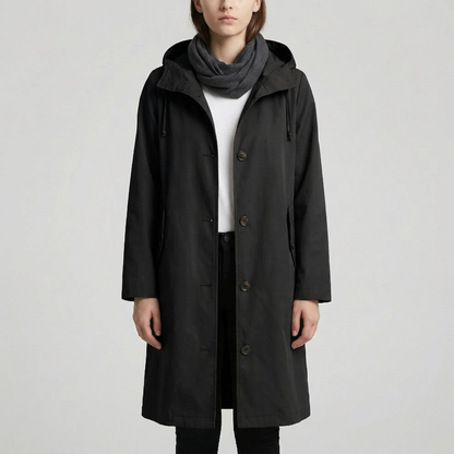 Cozy Rain Coat for Women with Hooded Collar Long Sleeve Button Up Longline Oversized Style