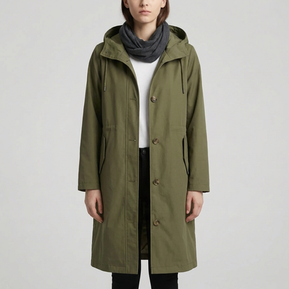 Cozy Rain Coat for Women with Hooded Collar Long Sleeve Button Up Longline Oversized Style