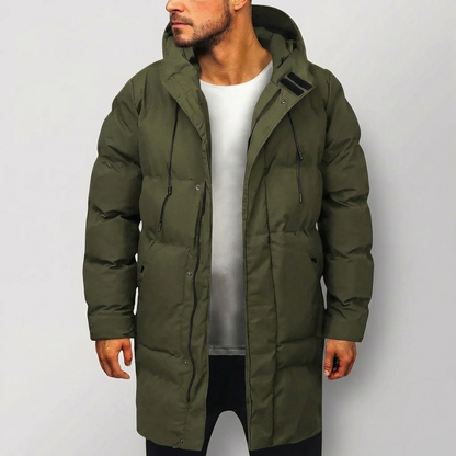 Cozy Long Puffer Coat for Men with Hooded Collar Long Sleeve Zip Up Quilted Longline Style