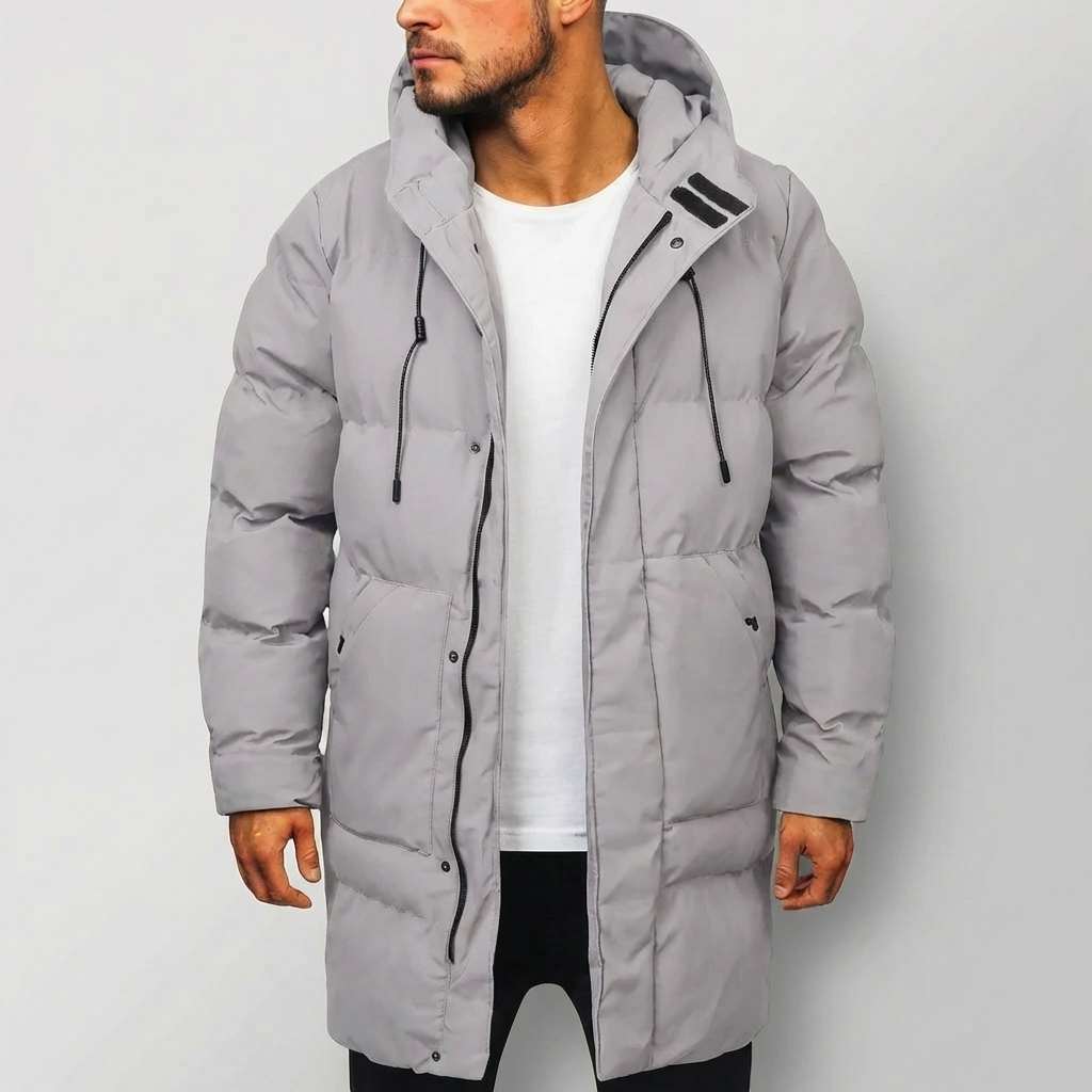Cozy Long Puffer Coat for Men with Hooded Collar Long Sleeve Zip Up Quilted Longline Style