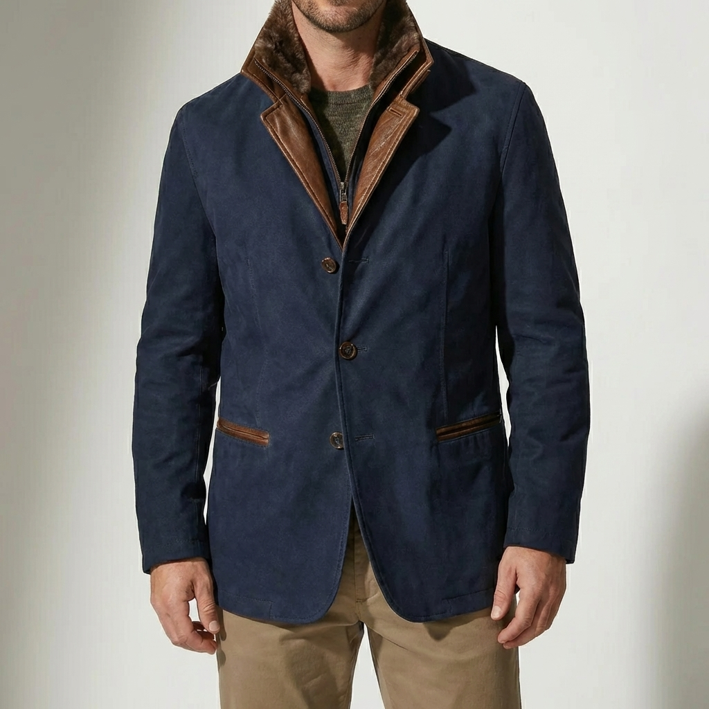 Rugged Faux Suede Field Jacket for Men with Stand Collar Long Sleeve Button Front Leather Trim Style