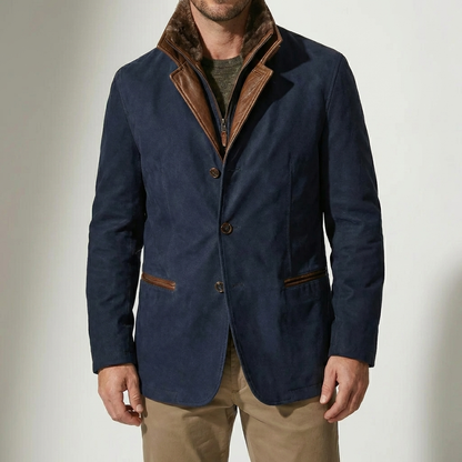 Rugged Faux Suede Field Jacket for Men with Stand Collar Long Sleeve Button Front Leather Trim Style