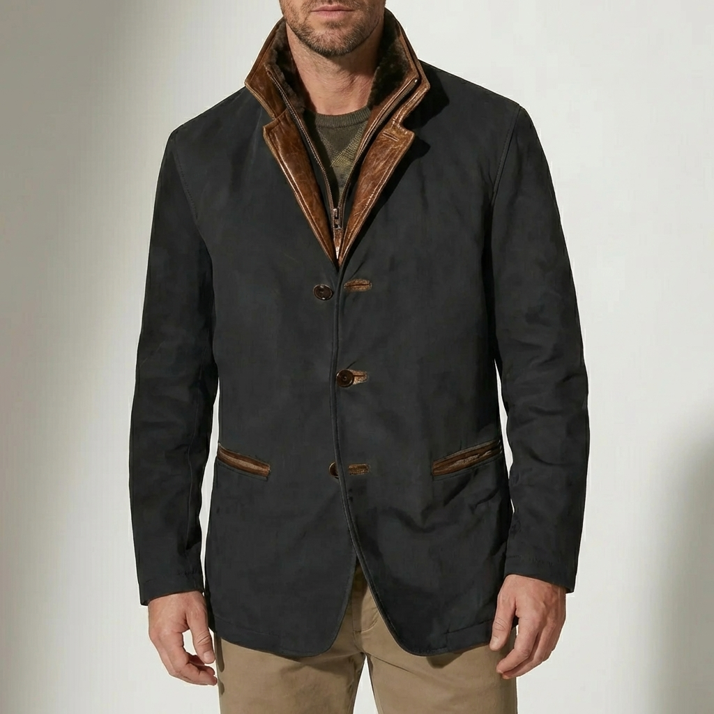 Rugged Faux Suede Field Jacket for Men with Stand Collar Long Sleeve Button Front Leather Trim Style