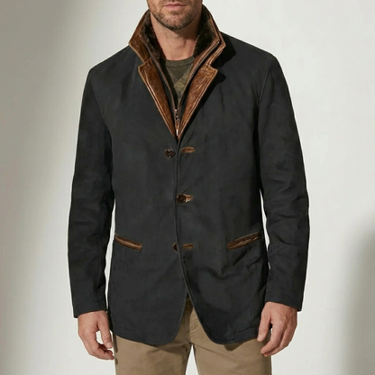 Rugged Faux Suede Field Jacket for Men with Stand Collar Long Sleeve Button Front Leather Trim Style