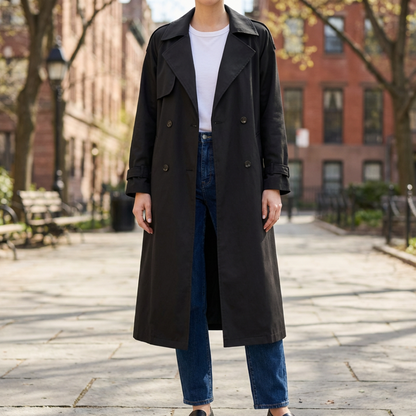 Classic Trench Coat for Women with Notched Lapel Long Sleeve Double Breasted Belted Longline Style