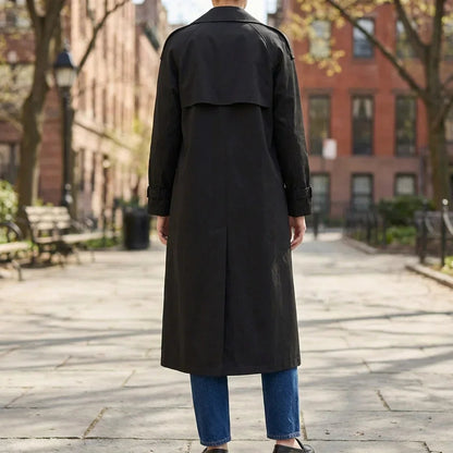 Classic Trench Coat for Women with Notched Lapel Long Sleeve Double Breasted Belted Longline Style