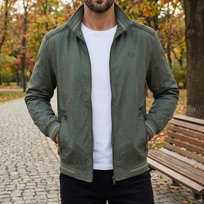 Rugged Harrington Bomber Jacket for Men with Stand Collar Long Sleeve Full Zip Striped Ribbed Style