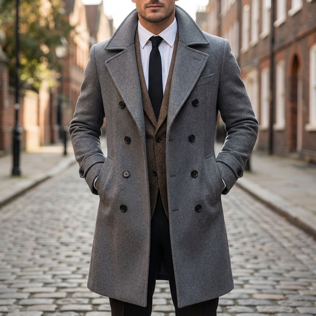 Rugged Faux Leather Coat for Men with Faux Fur Collar Long Sleeve Belted Tailored Winter Style