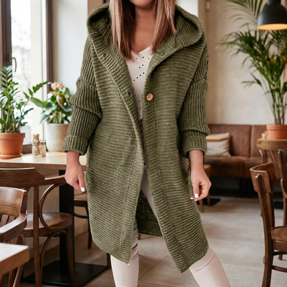 Cozy Long Knit Cardigan for Women with Hooded Collar Long Sleeve Open Front Chunky Longline Style