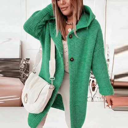 Cozy Long Knit Cardigan for Women with Hooded Collar Long Sleeve Open Front Chunky Longline Style