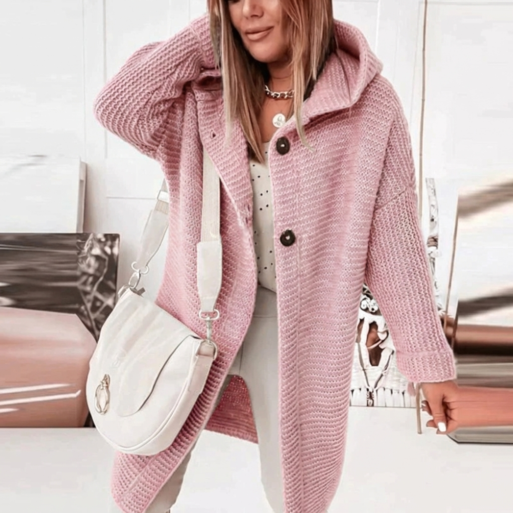 Cozy Long Knit Cardigan for Women with Hooded Collar Long Sleeve Open Front Chunky Longline Style