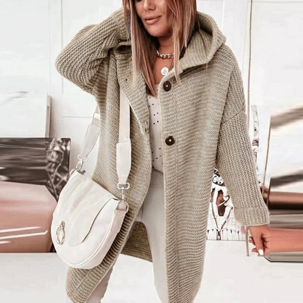 Cozy Long Knit Cardigan for Women with Hooded Collar Long Sleeve Open Front Chunky Longline Style