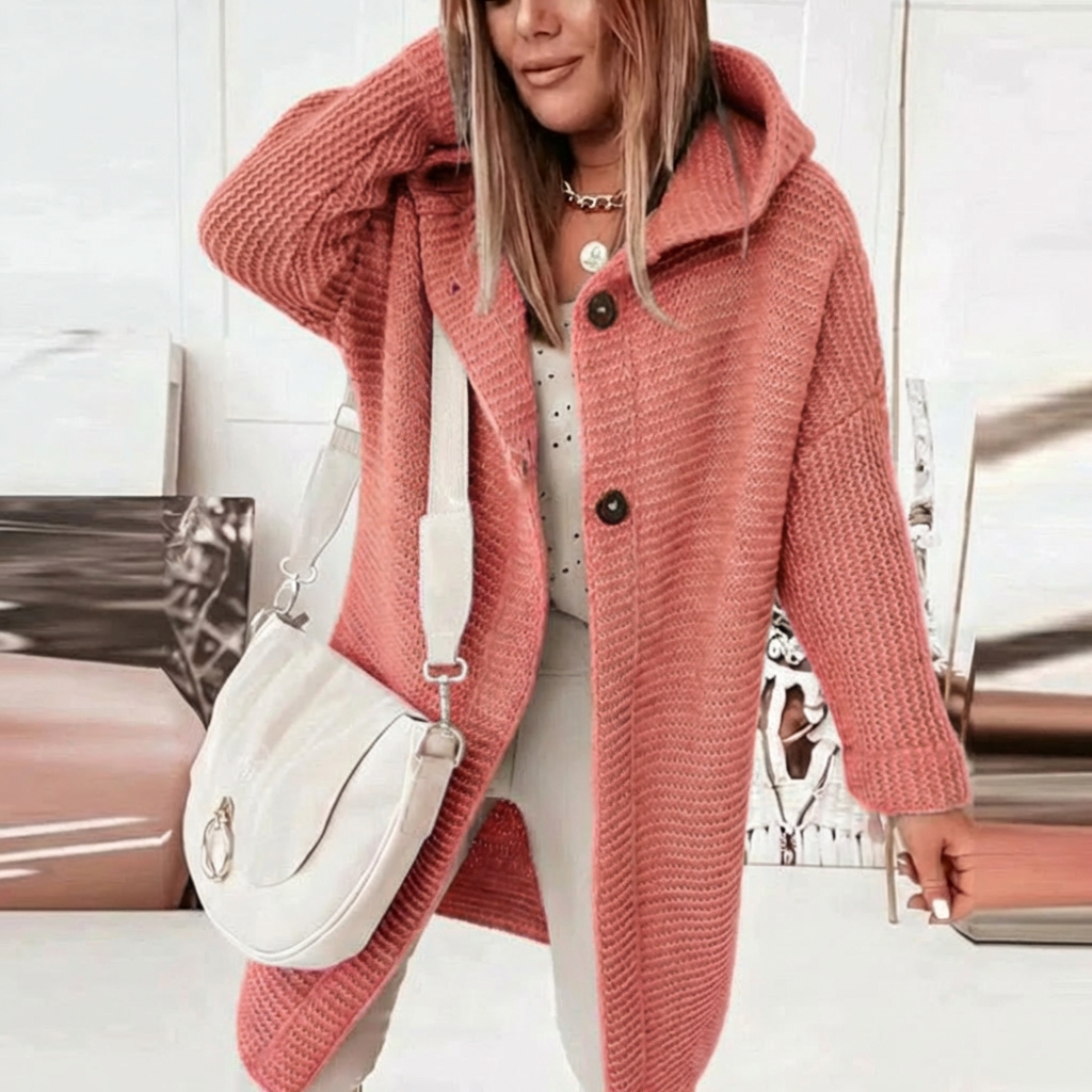 Cozy Long Knit Cardigan for Women with Hooded Collar Long Sleeve Open Front Chunky Longline Style