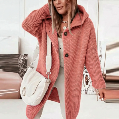 Cozy Long Knit Cardigan for Women with Hooded Collar Long Sleeve Open Front Chunky Longline Style