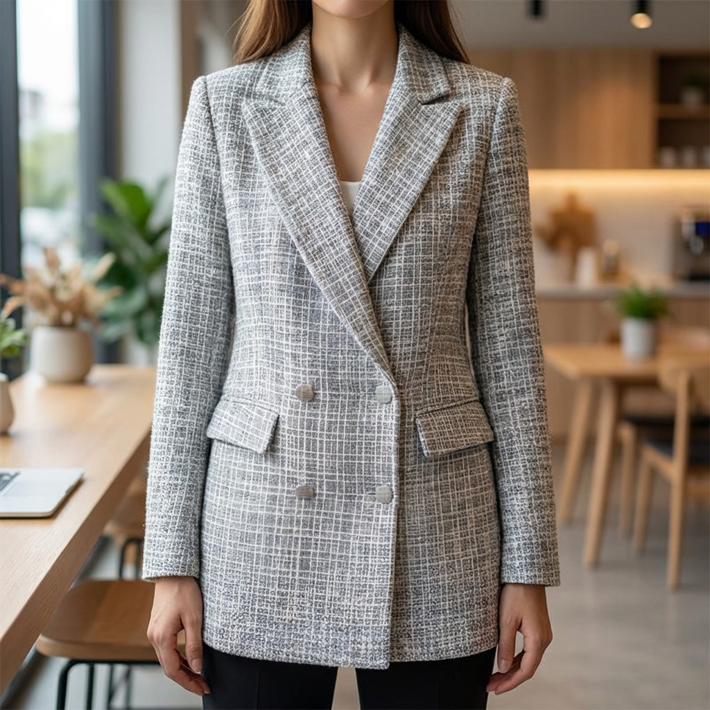Elegant Tweed Blazer for Women with Peak Lapel Long Sleeve Double Breasted Fitted Style