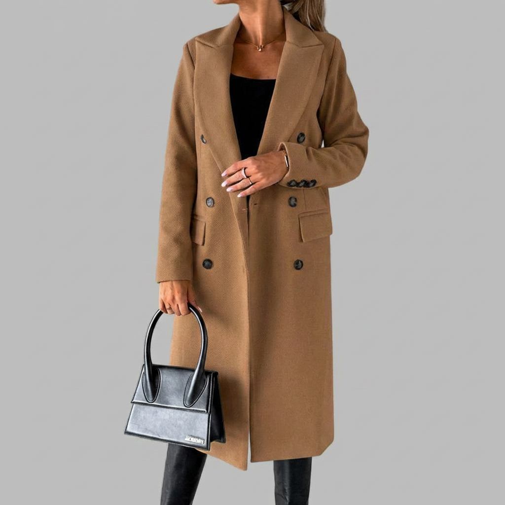 Elegant Wool Coat for Women with Peak Lapel Long Sleeve Double Breasted Longline Winter Style