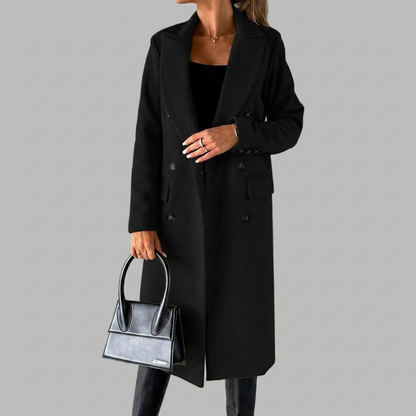 Elegant Wool Coat for Women with Peak Lapel Long Sleeve Double Breasted Longline Winter Style