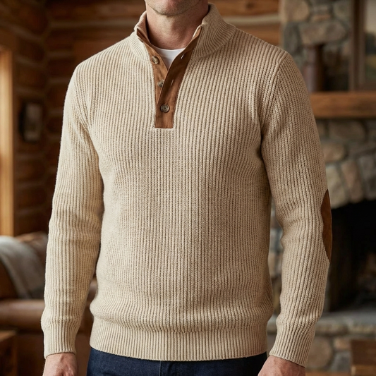 Cozy Ribbed Knit Button Sweater for Men with Stand Collar Long Sleeve Elbow Patch Pullover Style