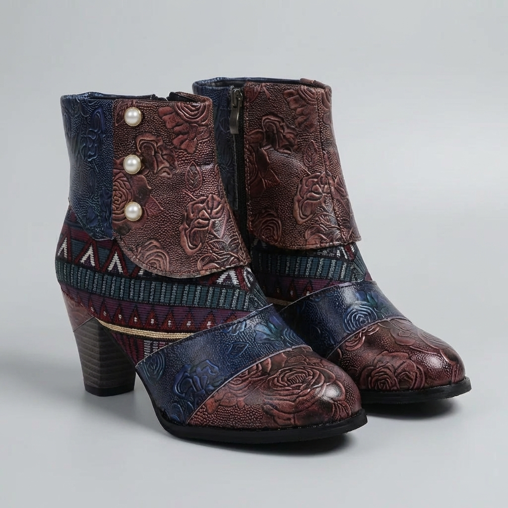 Women's Patchwork Ankle Boots Block Heel Floral Embroidered Boho Round Toe Zip Booties