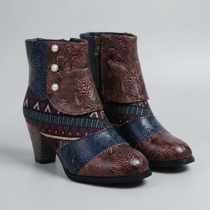 Women's Patchwork Ankle Boots Block Heel Floral Embroidered Boho Round Toe Zip Booties
