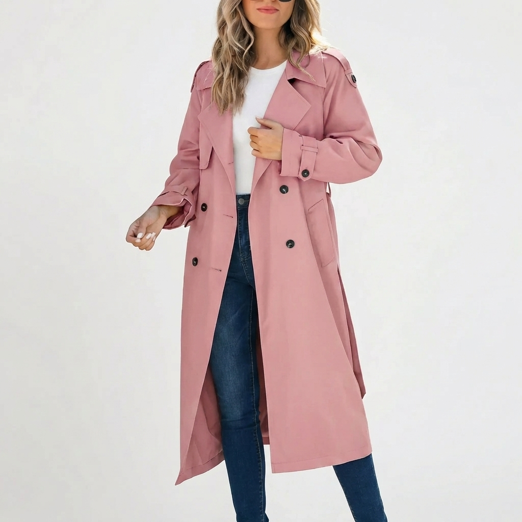 Elegant Trench Coat for Women with Notched Lapel Long Sleeve Double Breasted Belted Long Style