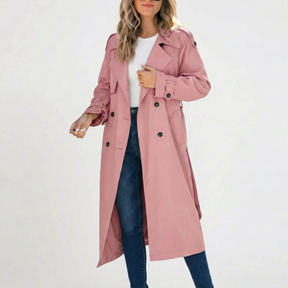 Elegant Trench Coat for Women with Notched Lapel Long Sleeve Double Breasted Belted Long Style