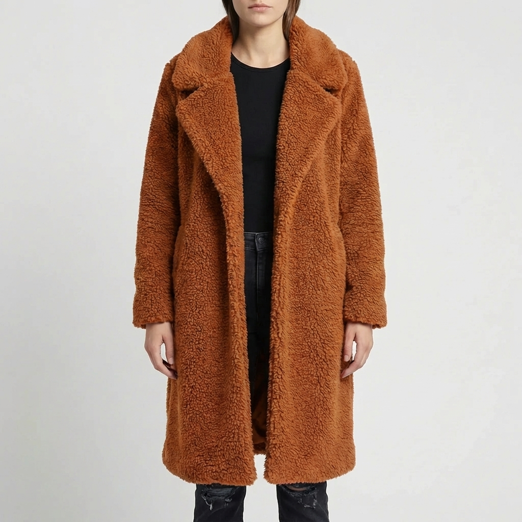 Cozy Teddy Coat for Women with Notched Lapel Long Sleeve Open Front Faux Fur Longline Style