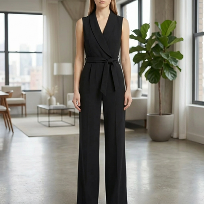 Chic Jumpsuit for Women with Shawl Collar Sleeveless Wrap Belted Wide Leg Style