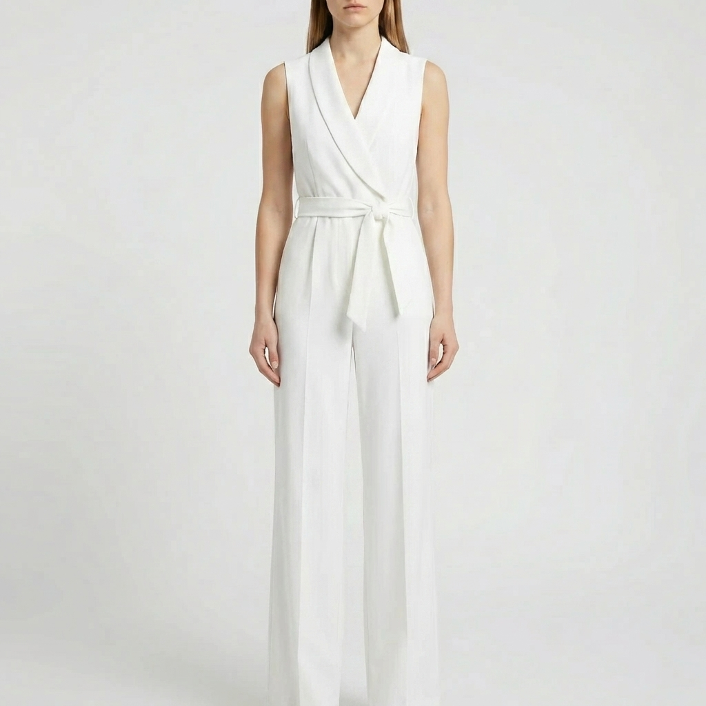 Chic Jumpsuit for Women with Shawl Collar Sleeveless Wrap Belted Wide Leg Style