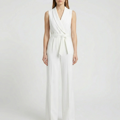Chic Jumpsuit for Women with Shawl Collar Sleeveless Wrap Belted Wide Leg Style