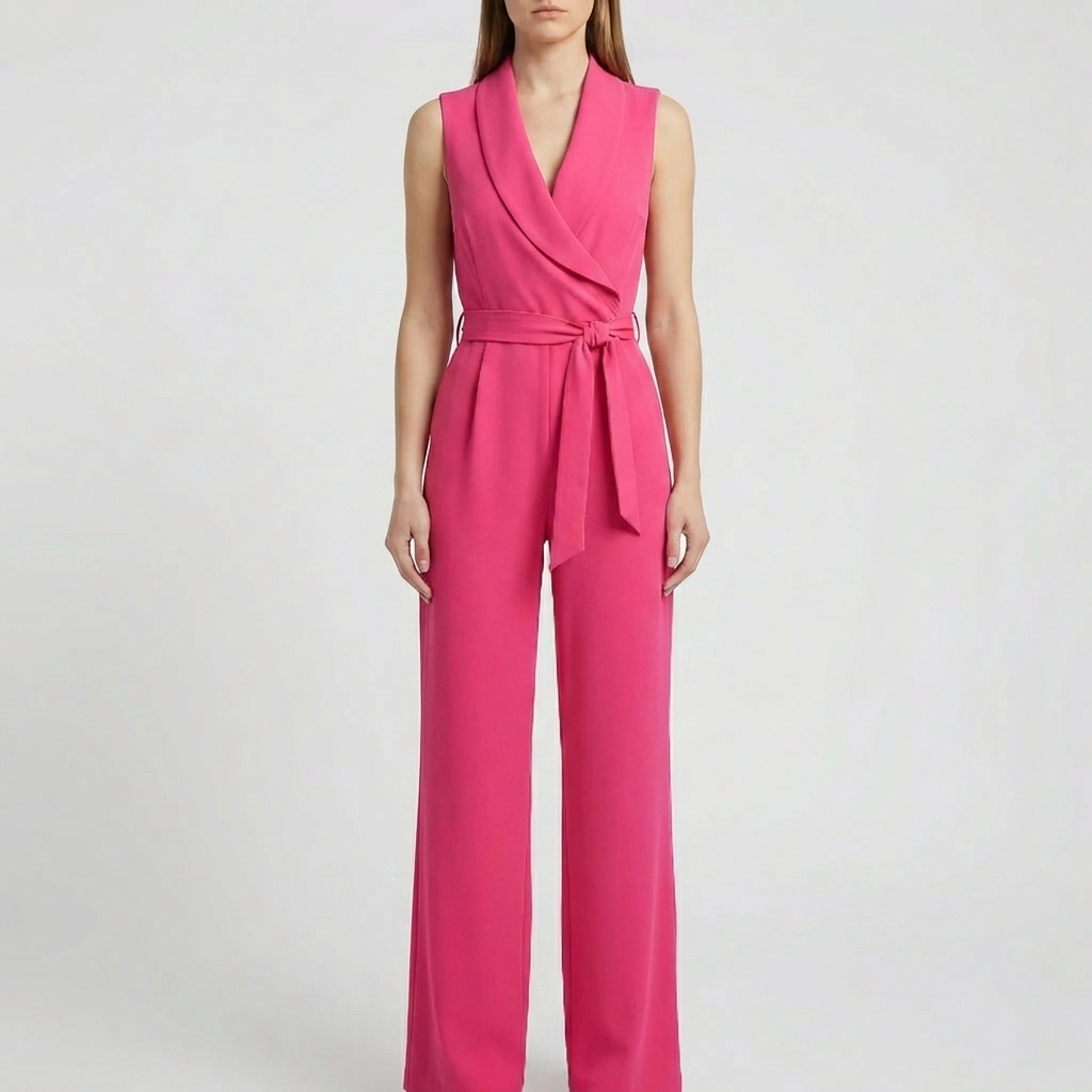 Chic Jumpsuit for Women with Shawl Collar Sleeveless Wrap Belted Wide Leg Style