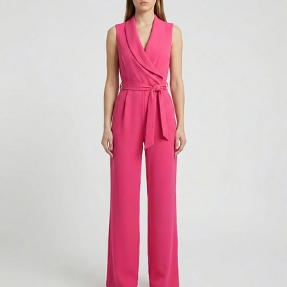 Chic Jumpsuit for Women with Shawl Collar Sleeveless Wrap Belted Wide Leg Style