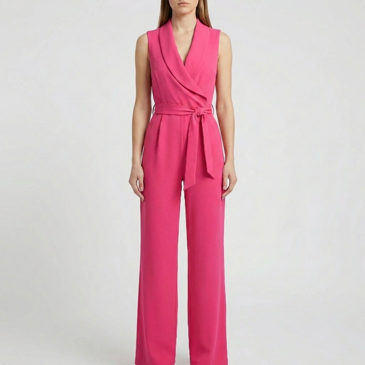 Chic Jumpsuit for Women with Shawl Collar Sleeveless Wrap Belted Wide Leg Style