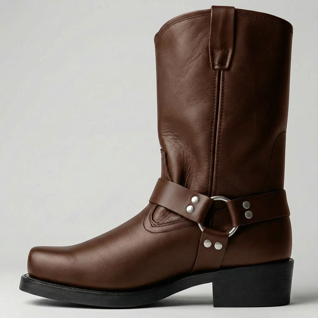 Stylish Western Boots for Women with Square Toe Harness Ring Block Heel Mid Calf Cowboy Style