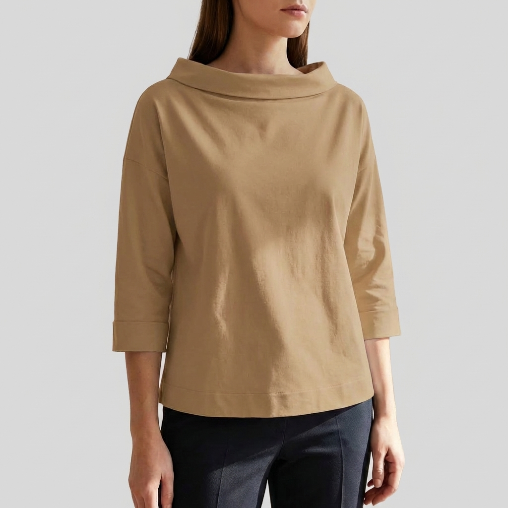 Chic Top for Women with Cowl Collar Three Quarter Sleeve Boxy Relaxed Style