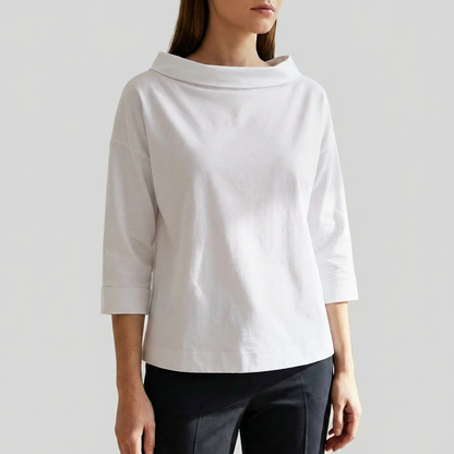 Chic Top for Women with Cowl Collar Three Quarter Sleeve Boxy Relaxed Style