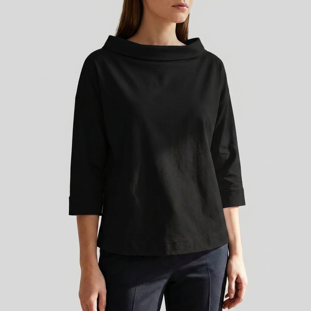 Chic Top for Women with Cowl Collar Three Quarter Sleeve Boxy Relaxed Style