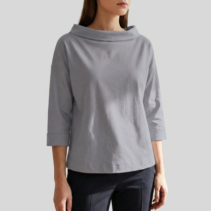 Chic Top for Women with Cowl Collar Three Quarter Sleeve Boxy Relaxed Style