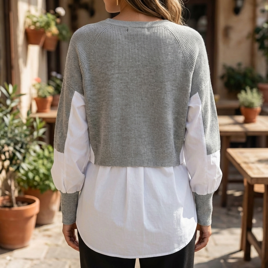 Chic Two Piece Knit Sweater for Women with Crew Neck Long Sleeve Layered Shirt Hem Relaxed Style