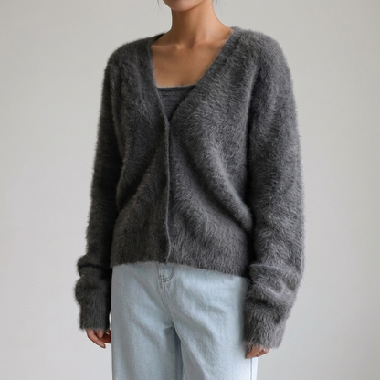 Cozy Knit Cardigan for Women with V Neck Long Sleeve Button Front Fuzzy Longline Style