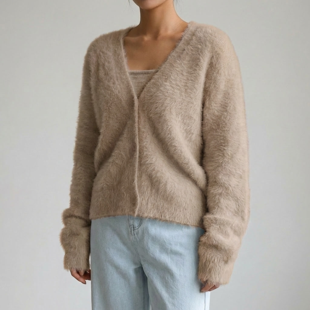 Cozy Knit Cardigan for Women with V Neck Long Sleeve Button Front Fuzzy Longline Style