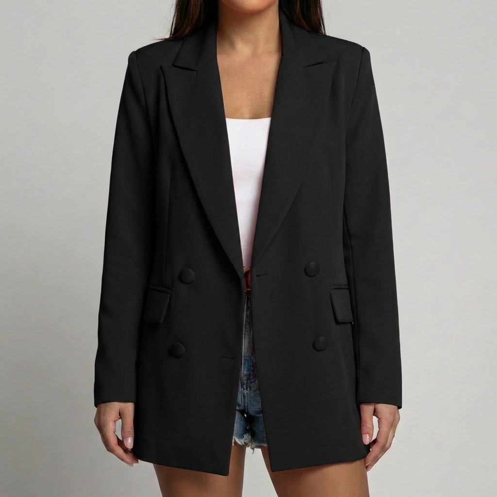 Chic Blazer for Women with Peak Lapel Long Sleeve Double Breasted Ruched Oversized Style