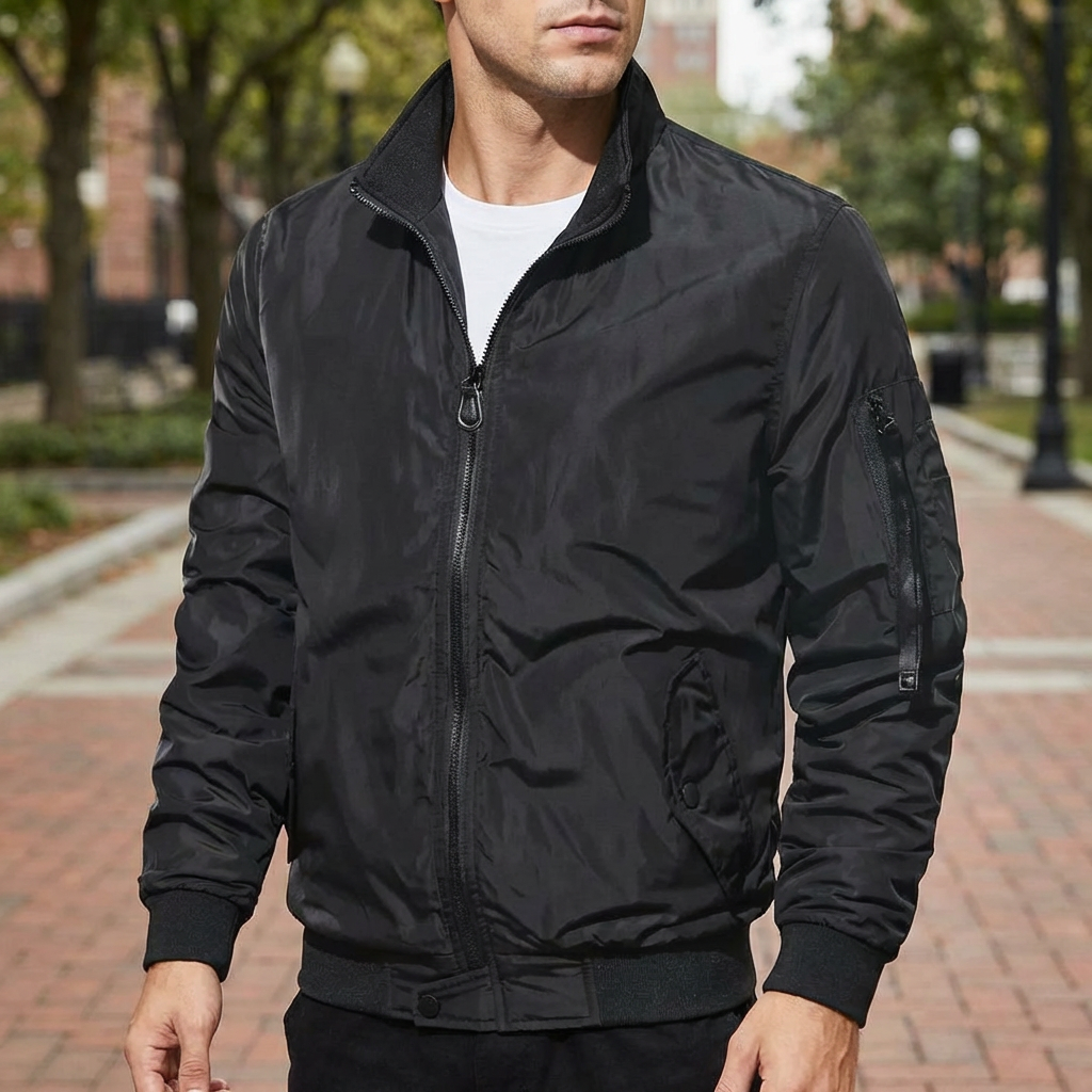 Rugged Bomber Jacket for Men with Stand Collar Long Sleeve Full Zip Windproof Sleeve-Pocket Style