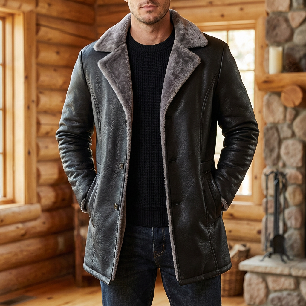 Rugged Faux Leather Trench Coat for Men with Notched Lapel Long Sleeve Button Front Belted Style